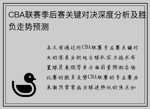 CBA联赛季后赛关键对决深度分析及胜负走势预测