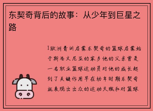 东契奇背后的故事：从少年到巨星之路